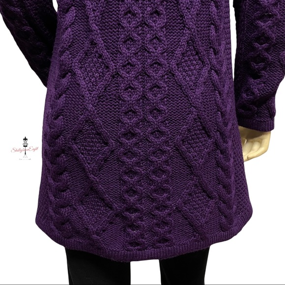 ARAN CRAFTS Merino Wool Chunky Knit Single Button Cardigan Sweater Purple XS S - Picture 9 of 13